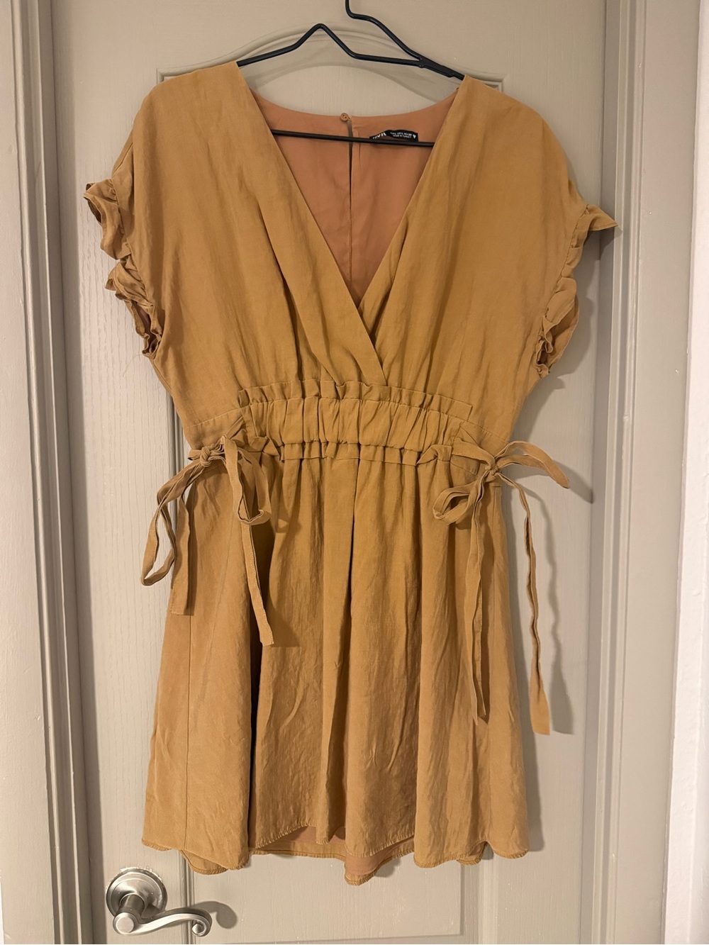 Zara Mustard V-Neck Smocked-Waist Dress